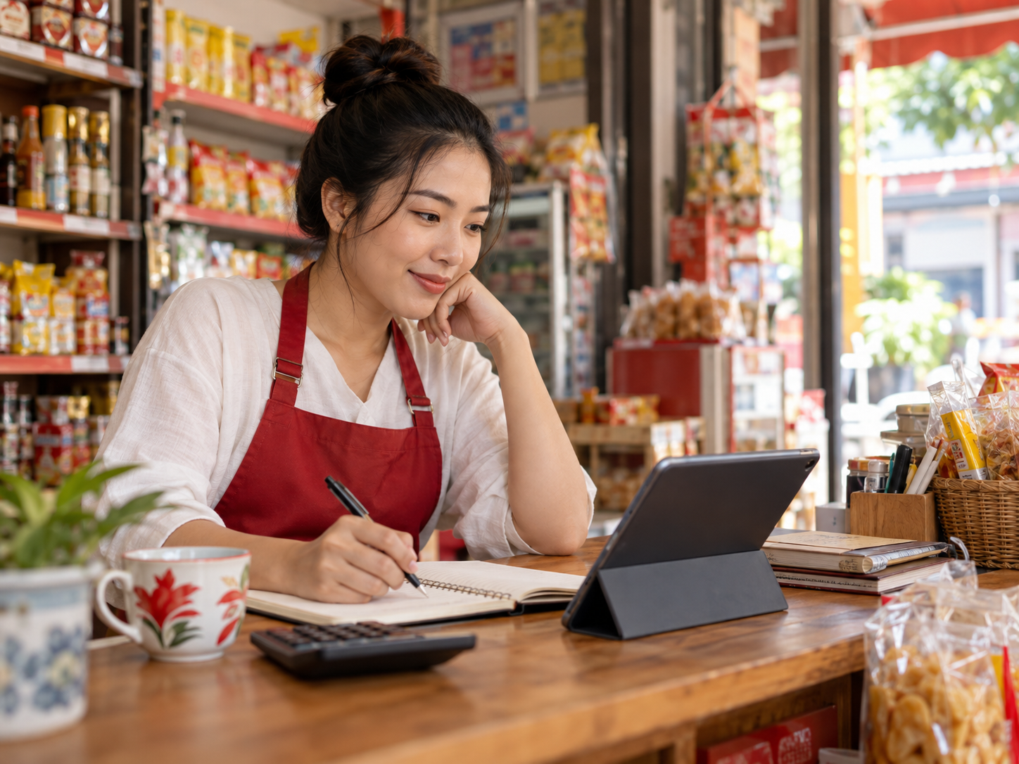 เจ้าของร้านไทยเรียนรู้เรื่องการค้าจากแท็บเล็ตและสมุดบันทึก
