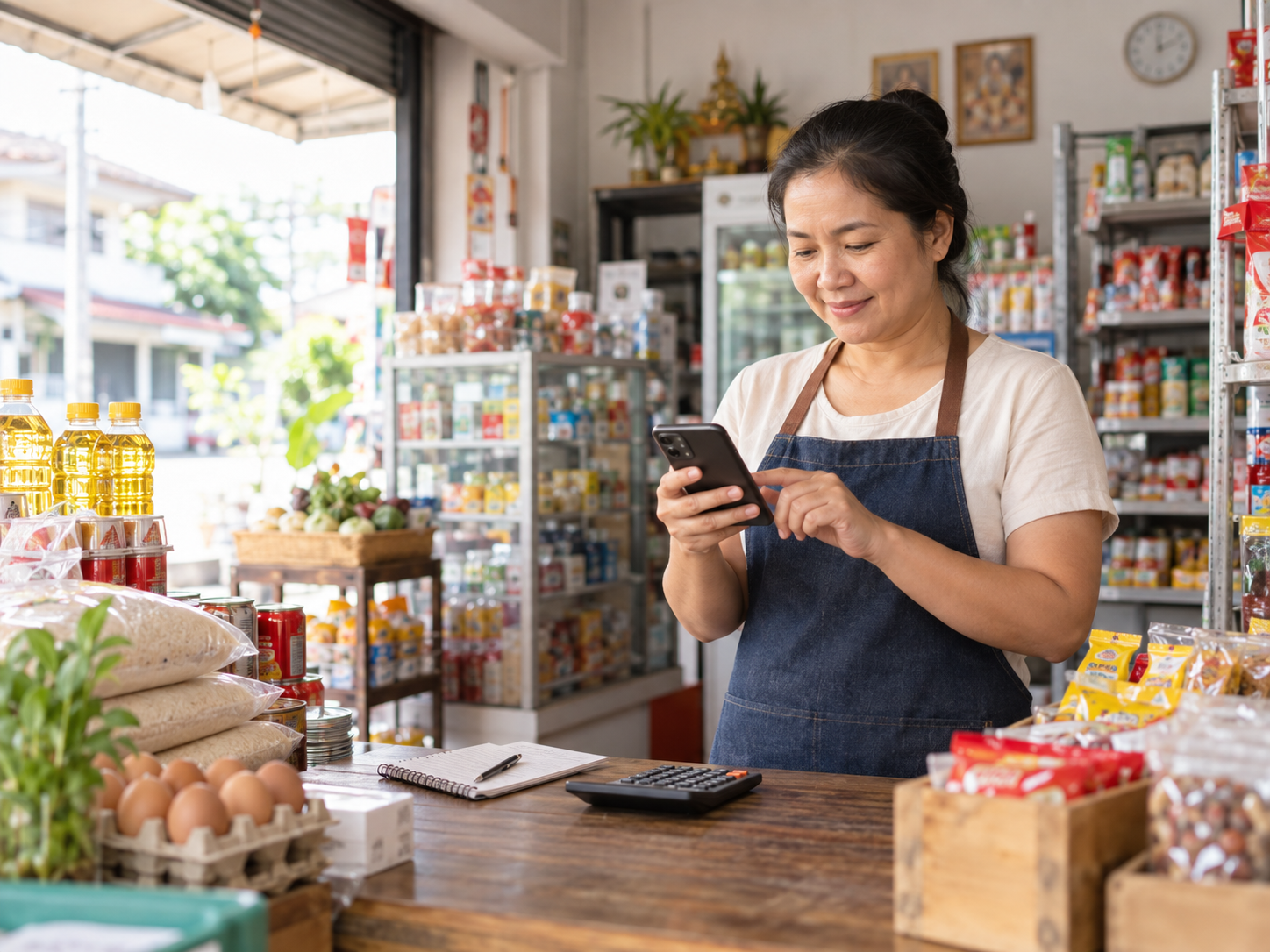 เจ้าของร้านไทยใช้โทรศัพท์และเครื่องคิดเลขจัดการงานในร้าน